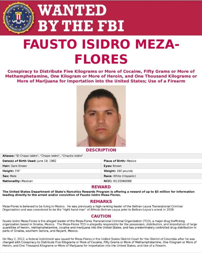 EL FBI ofrece USFD % millones por informes que lleven a la captura de Fausto Isidro Meza "El Chapo" Isidro (Foto: fbi.gob)