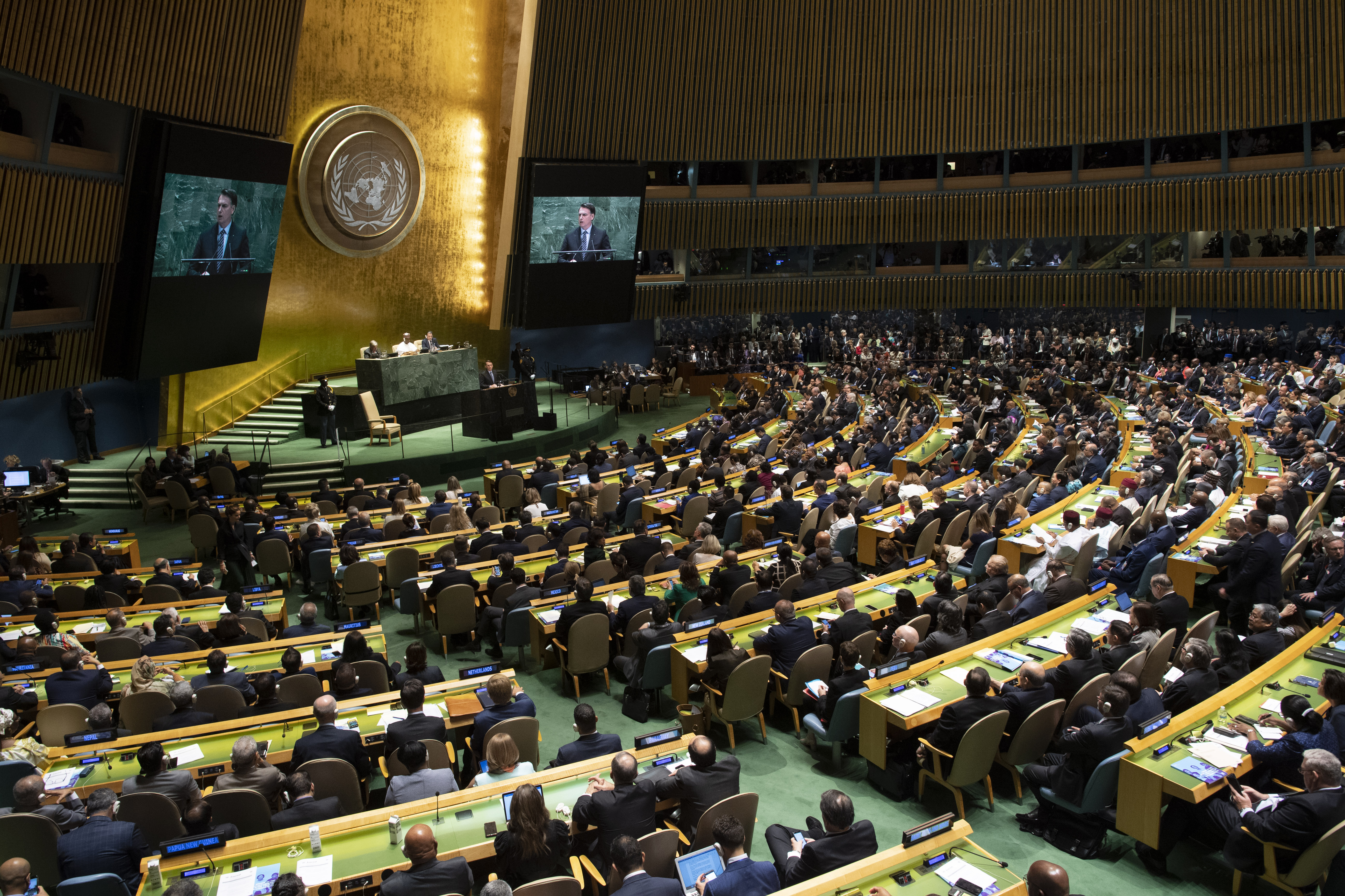 Jair Bolsonaro, President of Brazil speaks at the 74th session of the United Nations General Assembly September 24, 2019, in New York. (Photo by Don Emmert / AFP)