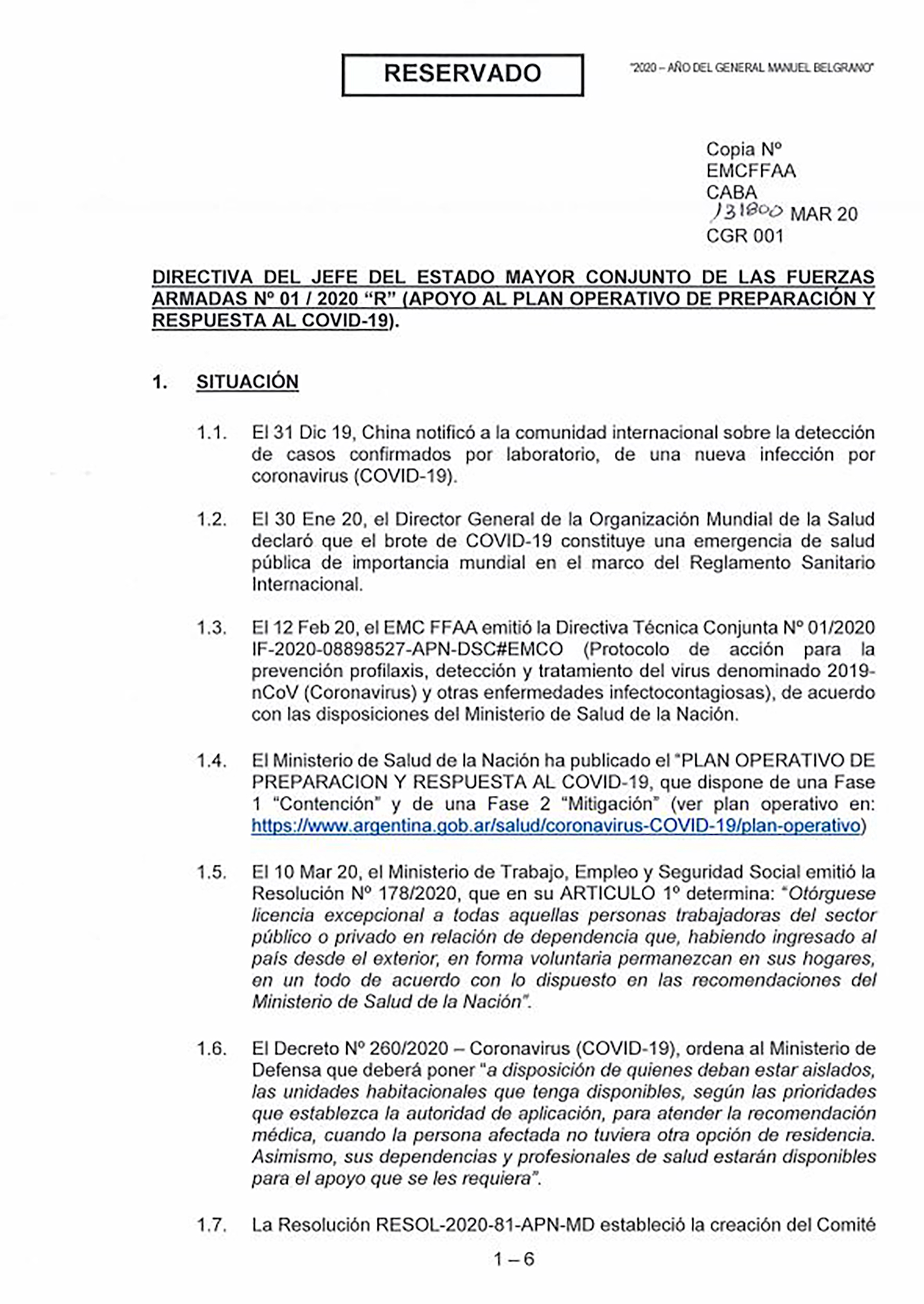 La directiva "reservada" del Estado Mayor Conjunto de las Fuerzas Armadas para colaborar contra el coronavirus en caso que el Poder Ejecutivo lo requiera.
