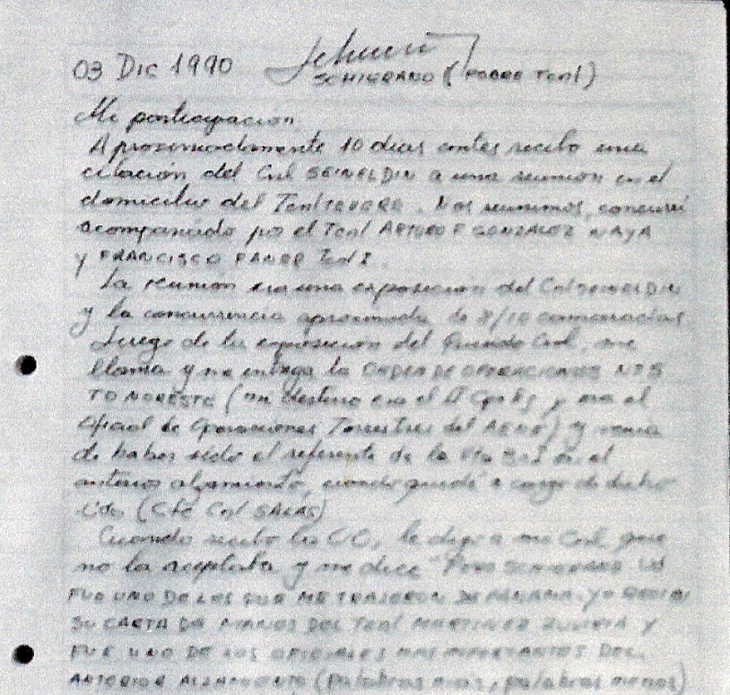 Apuntes del oficial Hugo Schierano. El militar recordó que le dijo a Seineldín: ‘Mi Querido Coronel ya logramos nuestro objetivo que eran al indulto y la amnistía por parte de Menem, no tendremos el mismo apoyo y usted corre el gran riesgo de que lo fusilen’. Me miró y me dio un gran abrazo y nos despedimos”