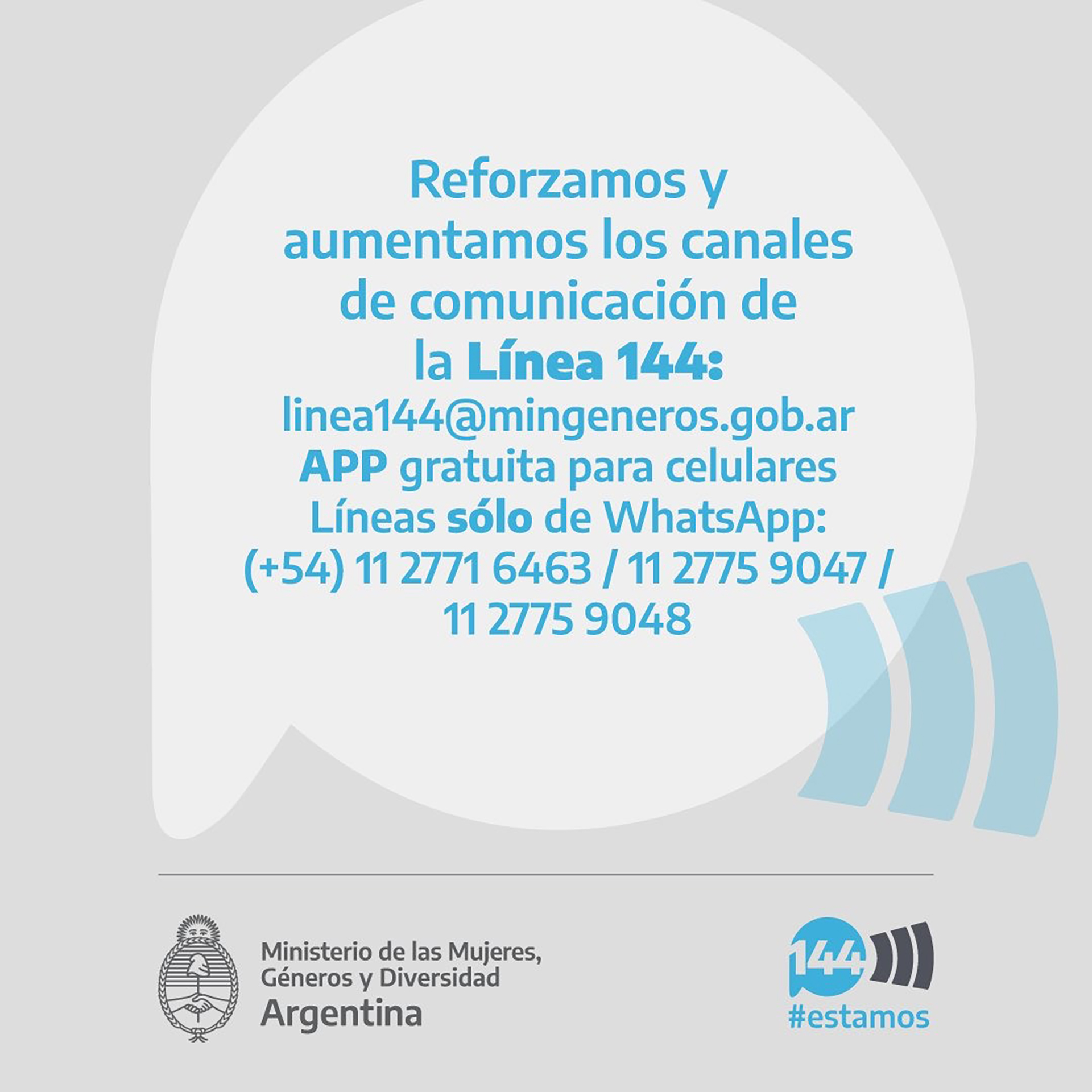 La línea 144 sumo canales de mail, redes sociales y watsap para una mejor atención frente a la emergencia.
