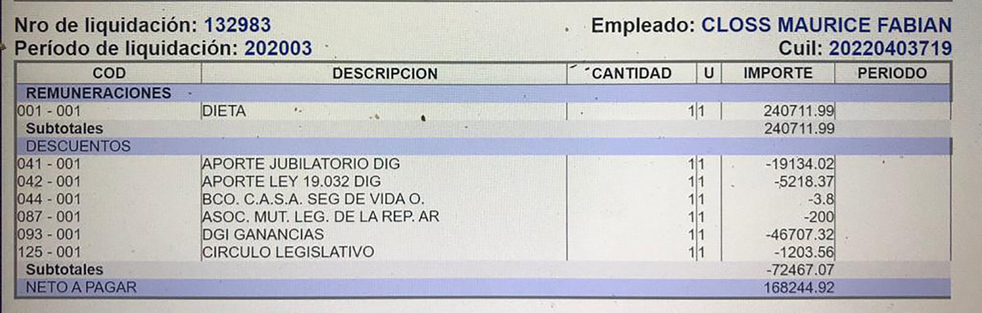 El recibo de sueldo que subió a las redes el senador Maurice Closso