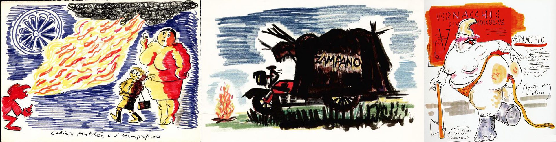 Desde la izquierda: De "El jeque blanco" (Cabiria, Matilda y el tragafuego), "La strada" (vehículo de Zampano), y Satiricón (Vernacchio)