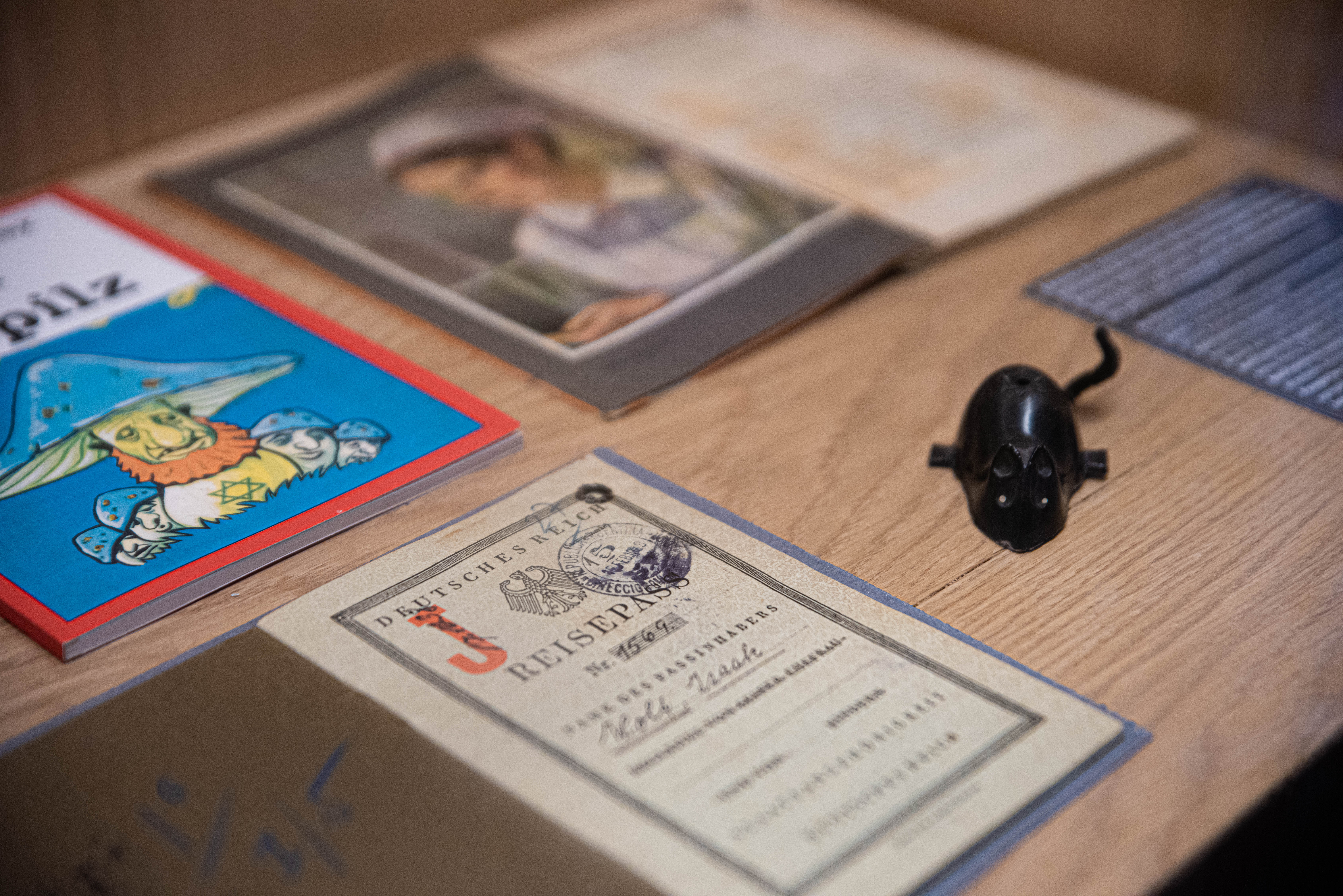 En las vitrinas se expone desde material de propaganda nazi hasta trajes militares y un ejemplar de Der Giftpilz (El hongo venenoso), un libro antisemita para niños publicado por Julius Streicher, el director del periódico Der Stürmer. Las políticas contra los judíos se difundían en diferentes formatos culturales: libros, películas, juegos infantiles. El propósito era demostrar que los judíos eran enemigos de la identidad alemana