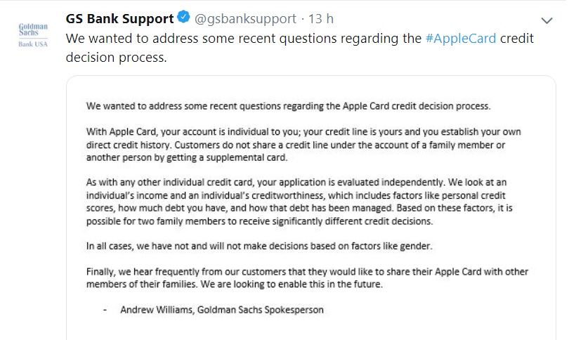 Goldman Sachs publicó un comunicado donde dijo que los solicitantes de Apple Card fueron evaluados teniendo en cuenta su situación crediticia y aseguró que no se discriminó por cuestiones de género.