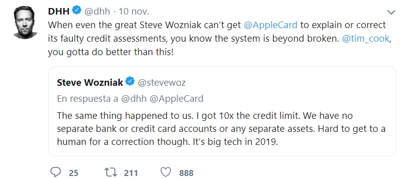 Steve Wozniak, cofundador de Apple, respondió uno de los tuits de Hansson diciendo que él había atravesado una situación similar. “Yo obtuve un límite de crédito 10 veces superior. No tenemos cuentas de crédito o bancaria separadas, ni otros activos separados”, explicó.