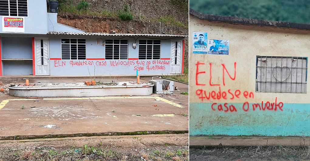 Grafiti del ELN en Samaniego que amenaza de muerte a la población que no cumpla la cuarentena.