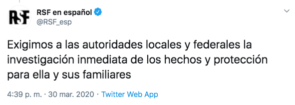 La organización exigió a las autoridades la investigación inmediata del caso y la protección de la víctima y sus familiares (Foto: Twitter)