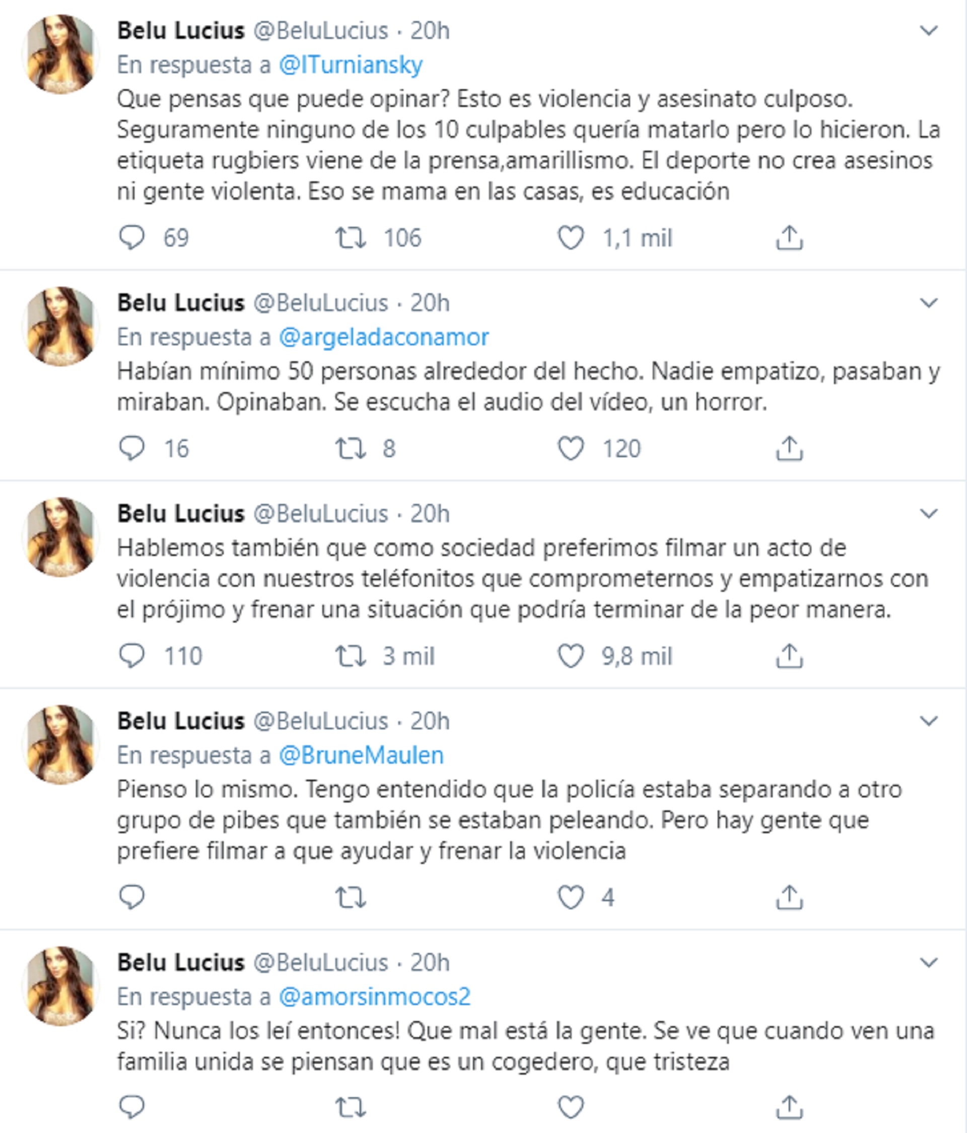 Los mensajes de Belu Lucius sobre el crimen en Villa Gesell (Twitter: @BeluLucius)