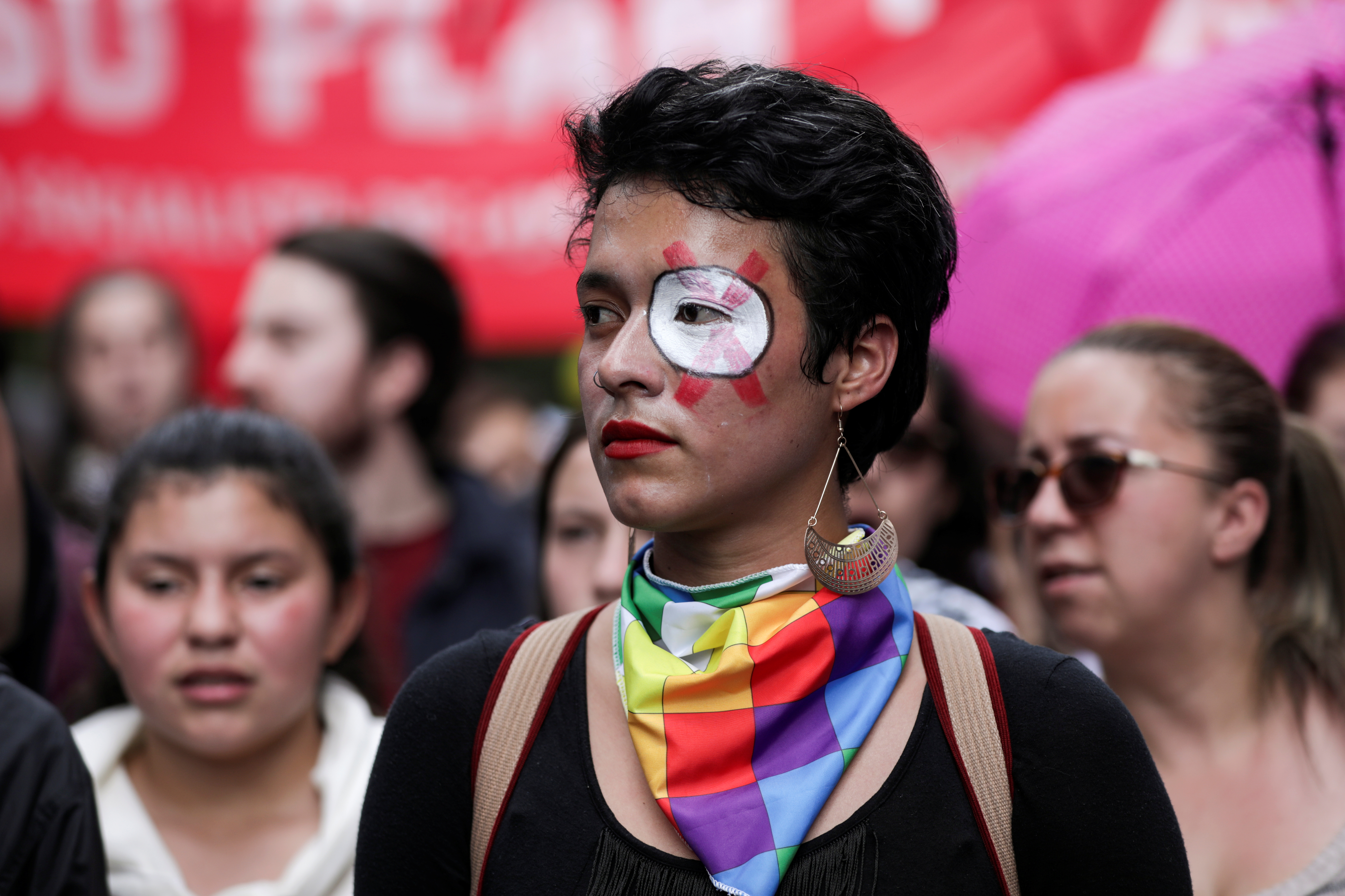 A demonstrator looks on at a rally during a national strike, in Bogota, Colombia, November 21, 2019. REUTERS/Luisa Gonzalez