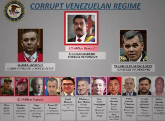 El cuadro mostrado por el Departamento de Justicia muestra una recompensa de USD 15 millones por informaciones que lleven al arresto de Nicolás Maduro