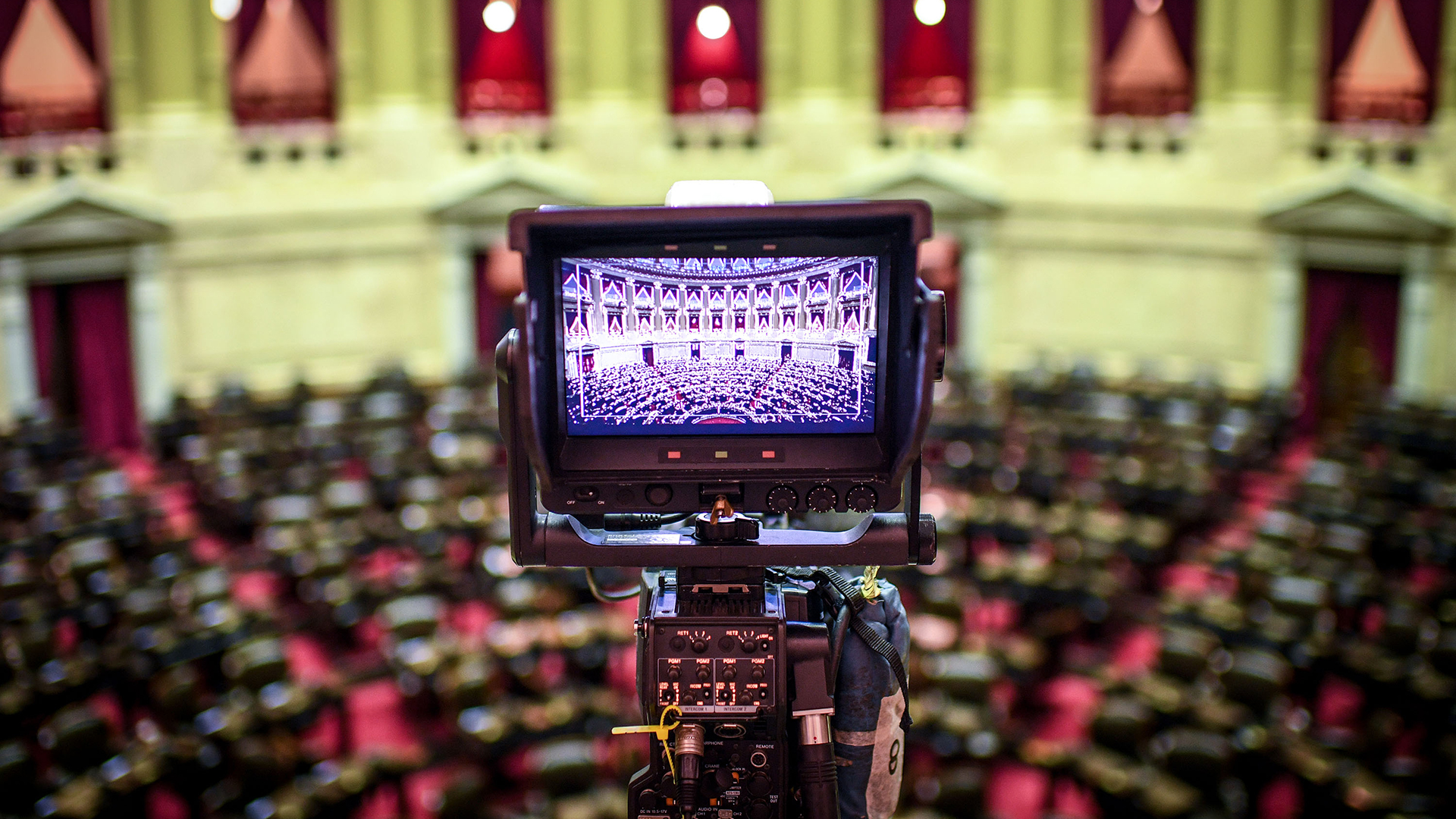 El recinto de la Cámara de Diputados vacío, horas antes del comienzo del discurso de apertura del presidente Alberto Fernández