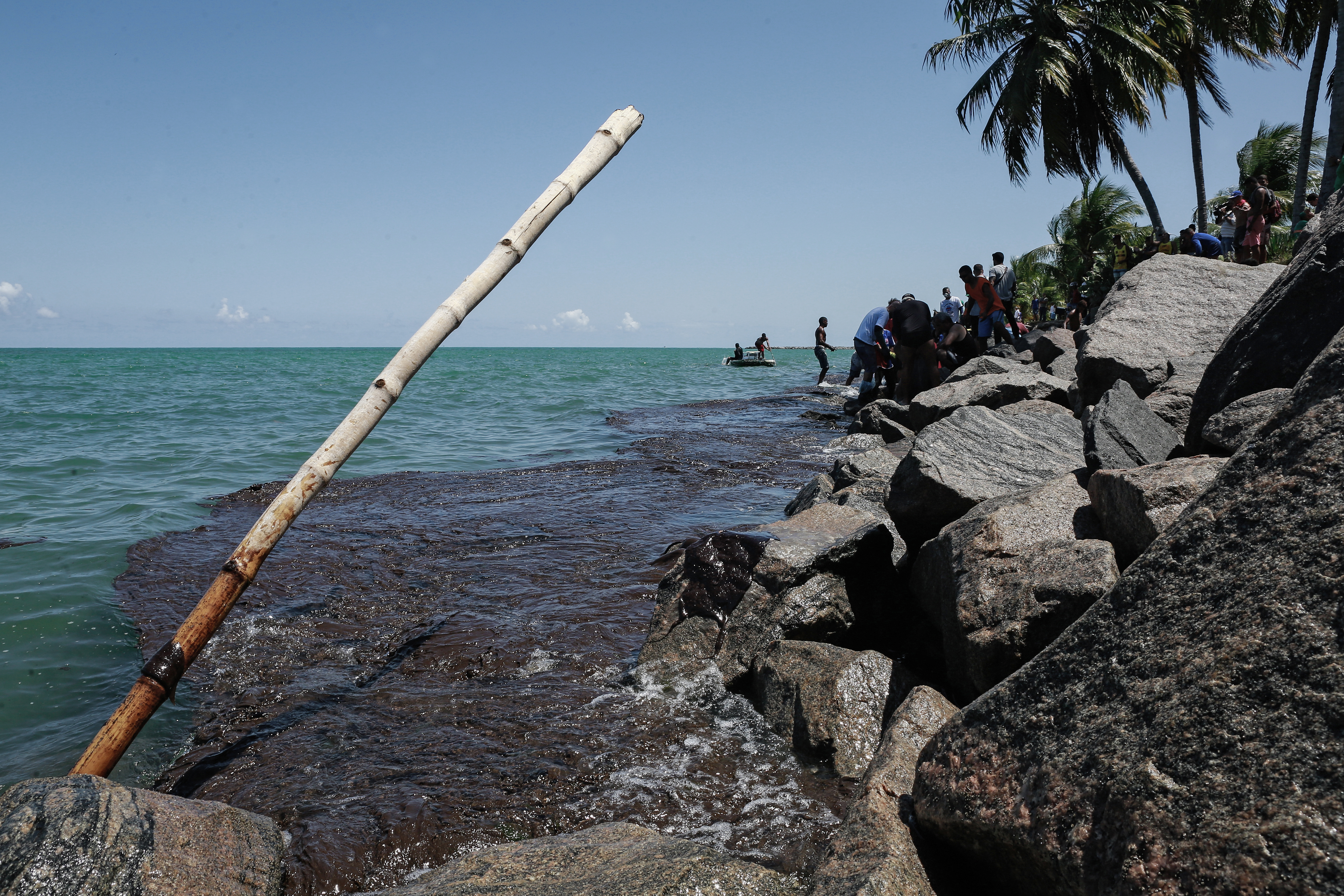 Voluntarios y soldados retiran el crudo derramado en la playa de Janga, en Paulista, estado de Pernambuco, Brasil, el 23 de octubre de 2019. - (Photo by LEO MALAFAIA / AFP)