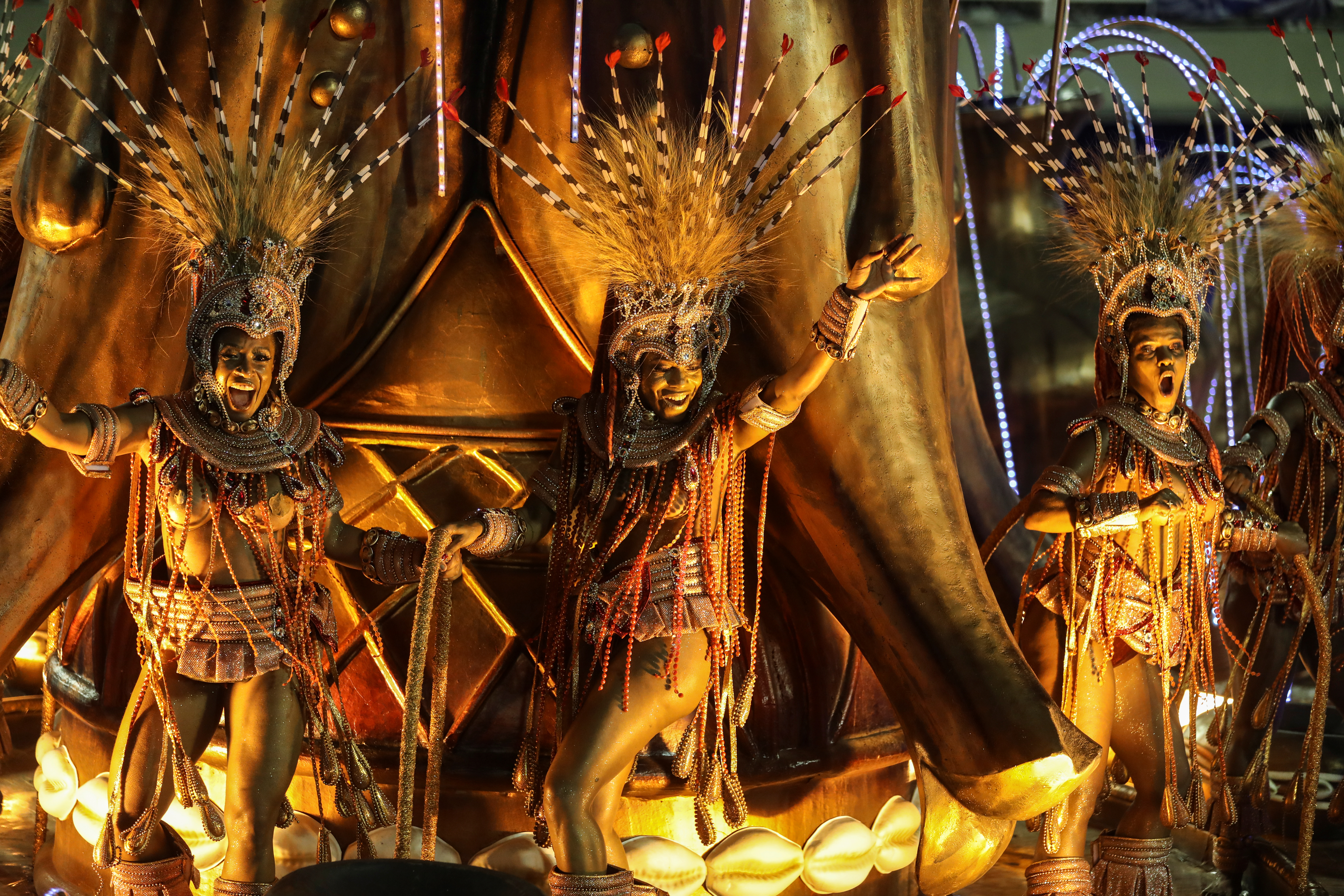 Revellers of Viradouro samba school perform on a float during the first night of the Carnival parade at the Sambadrome in Rio de Janeiro, Brazil February 23, 2020. REUTERS/Pilar Olivares