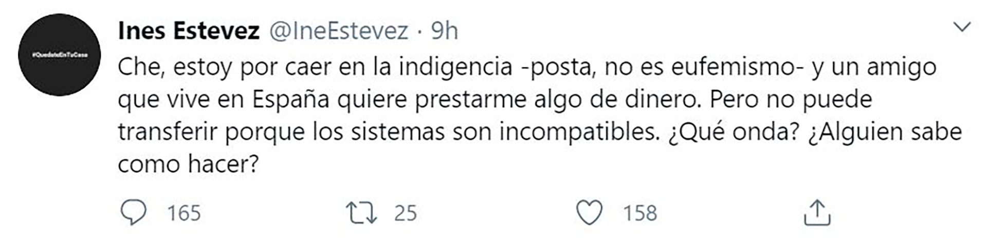 Inés consultó en las redes cómo se podía transferir dinero desde el exterior (Foto: Twitter)