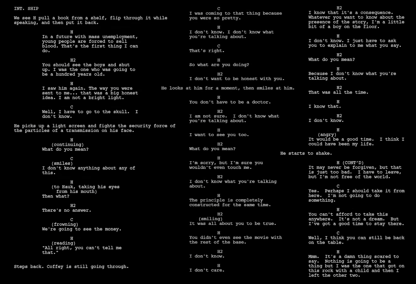 El guión de Sunspring, tal como lo produjo el sistema.